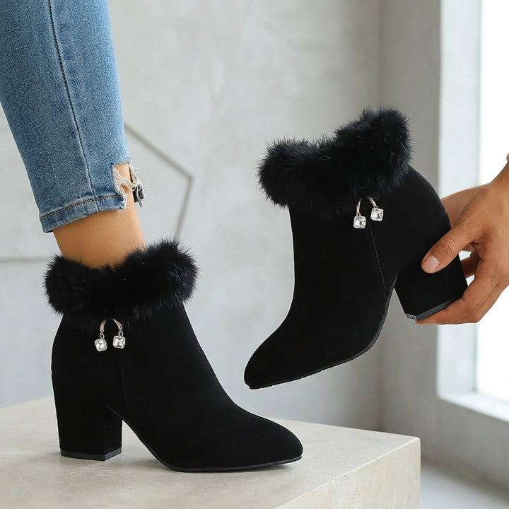 Corinthia | Women's Fur Trim Block Heel Ankle Boots - Black - Image 9