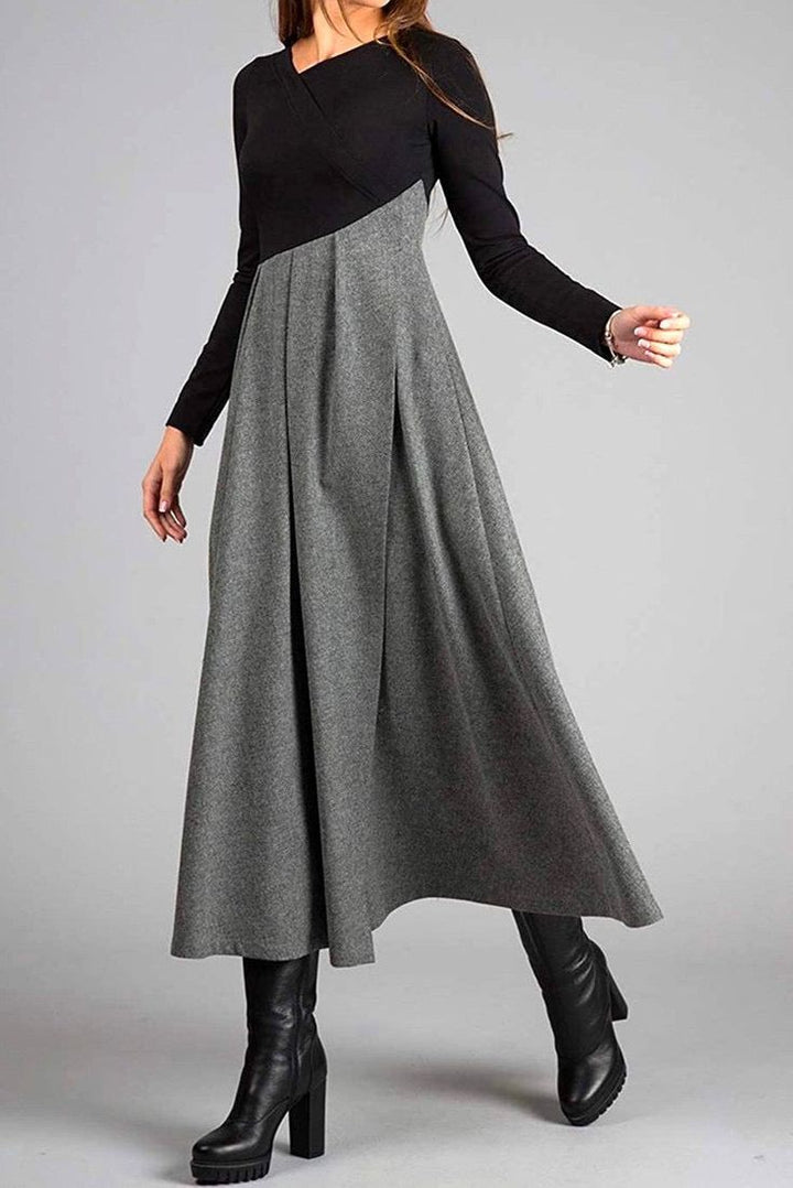 Cristina – Women's Two-Tone V-Neck Pleated Midi Dress with Long Sleeves