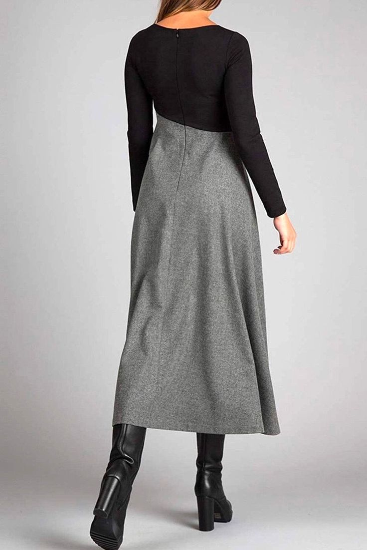 Cristina – Women's Two-Tone V-Neck Pleated Midi Dress with Long Sleeves