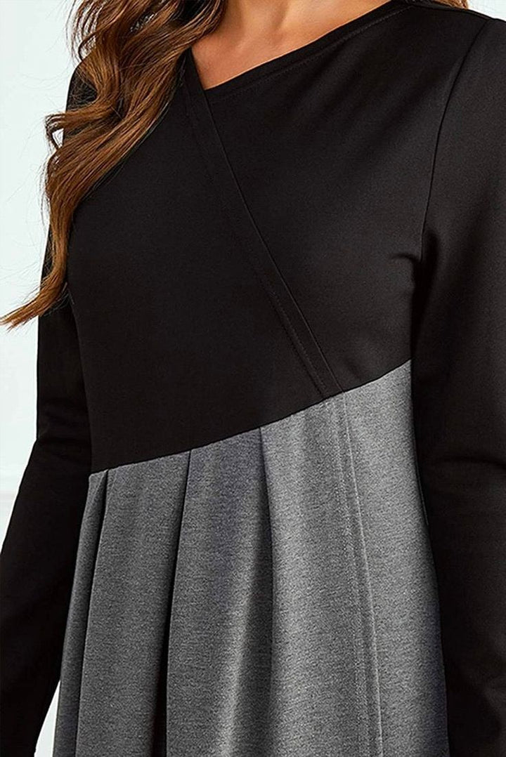 Cristina – Women's Two-Tone V-Neck Pleated Midi Dress with Long Sleeves
