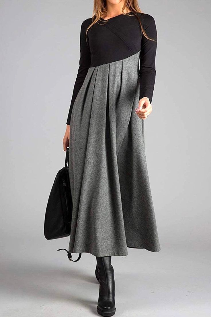 Cristina – Women's Two-Tone V-Neck Pleated Midi Dress with Long Sleeves