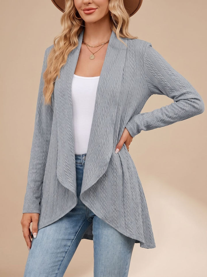 Damen Langarm Strickjacke Offene Front Kabelstruktur Hüftlang - Grau