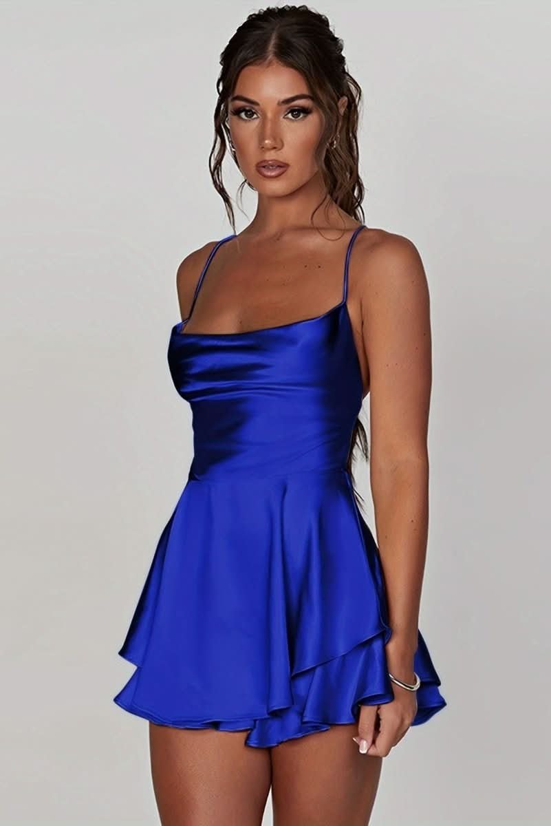 Damen Satinoptik Rückenfreies Cocktailkleid Geraffter Taille Minirock - Royal Blue