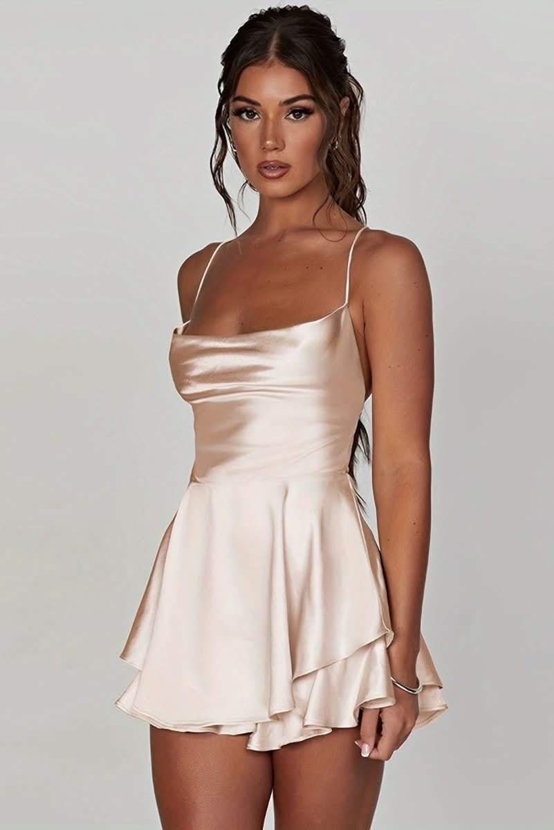 Damen Satinoptik Rückenfreies Cocktailkleid Geraffter Taille Minirock - Milky