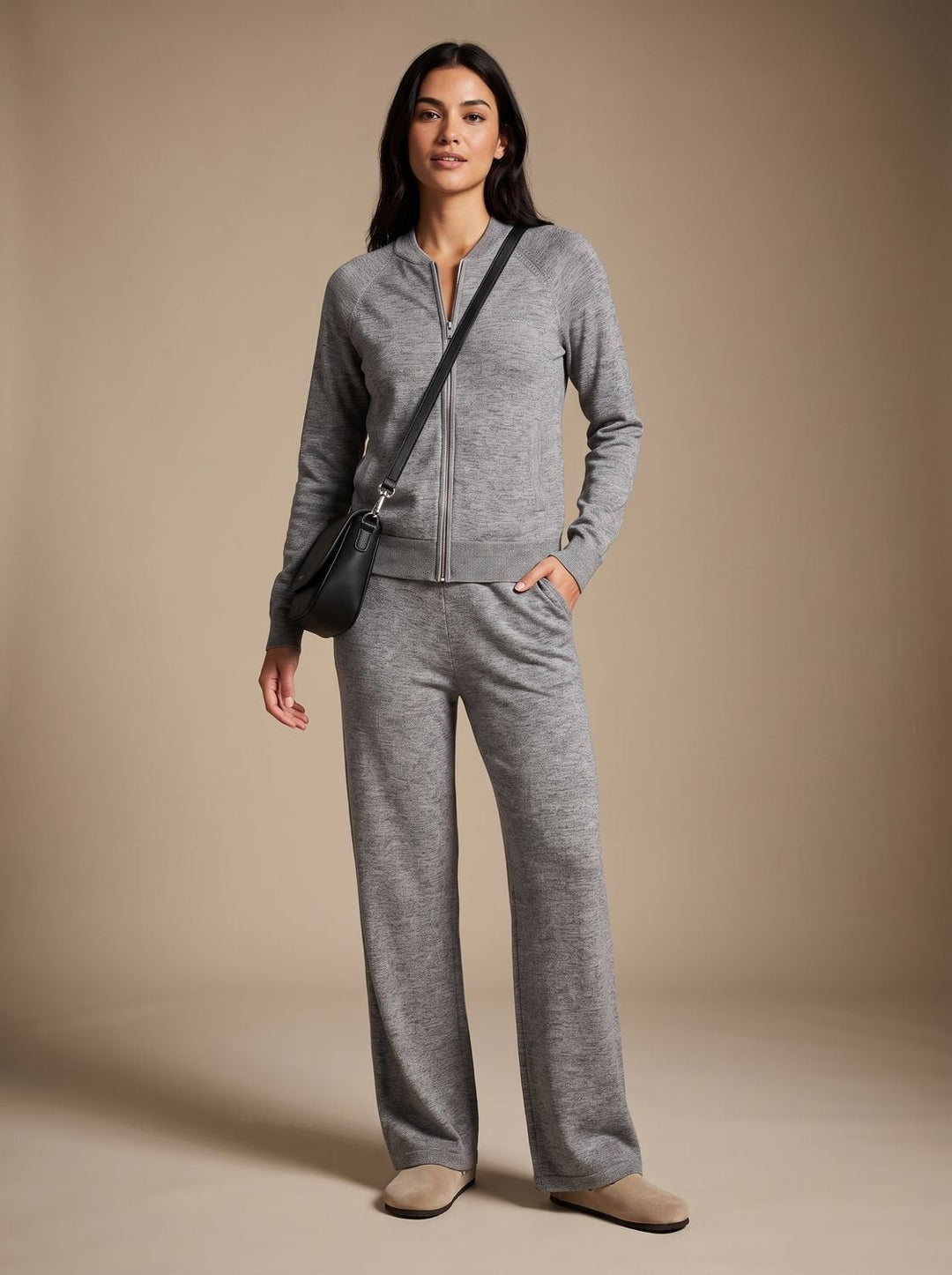 Damen Zweiteiliges Strick-Set Reißverschluss-Jacke Weite Hose, Black - Grau