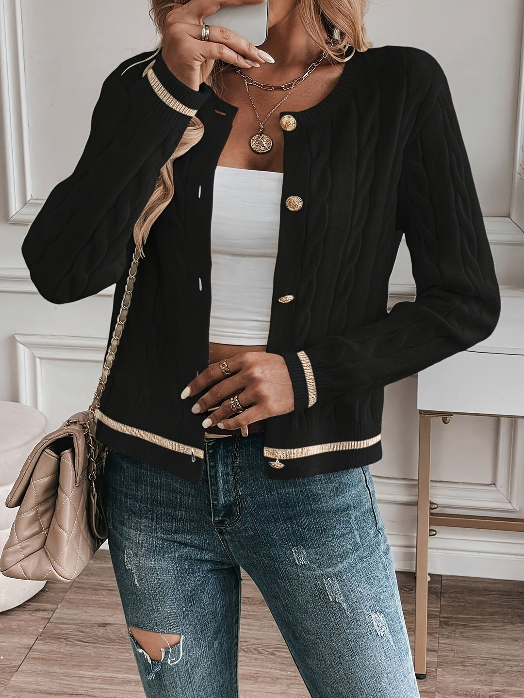 Annabeth – Cable-Stitch Button-Front Cardigan with Contrast Trim for Women
