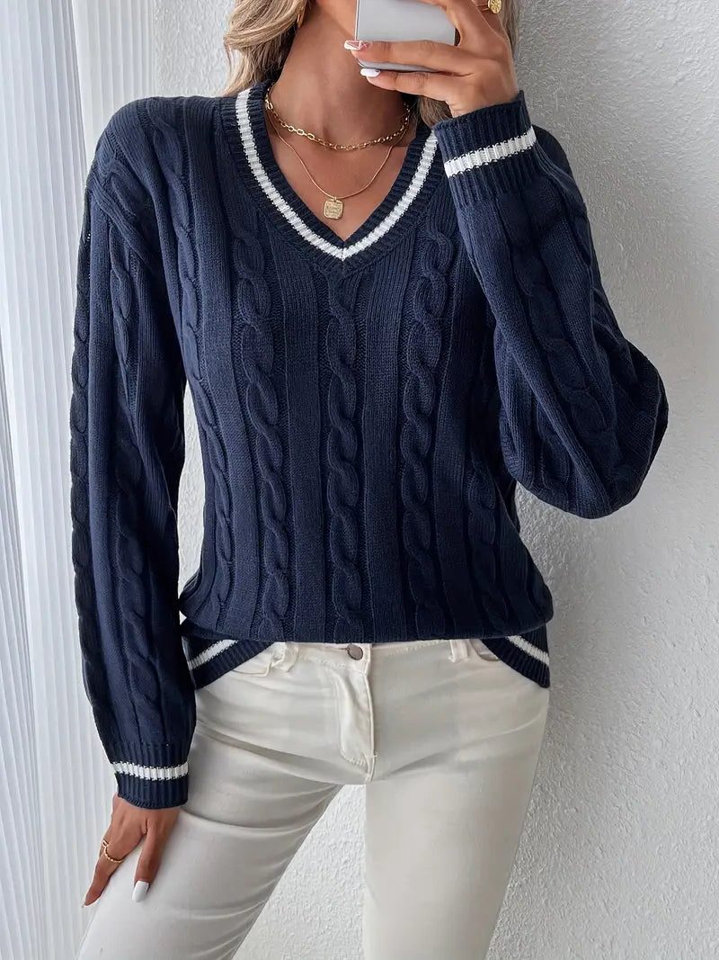 Deirdre – Women's Cable-Stitch V-Neck Pullover Sweater