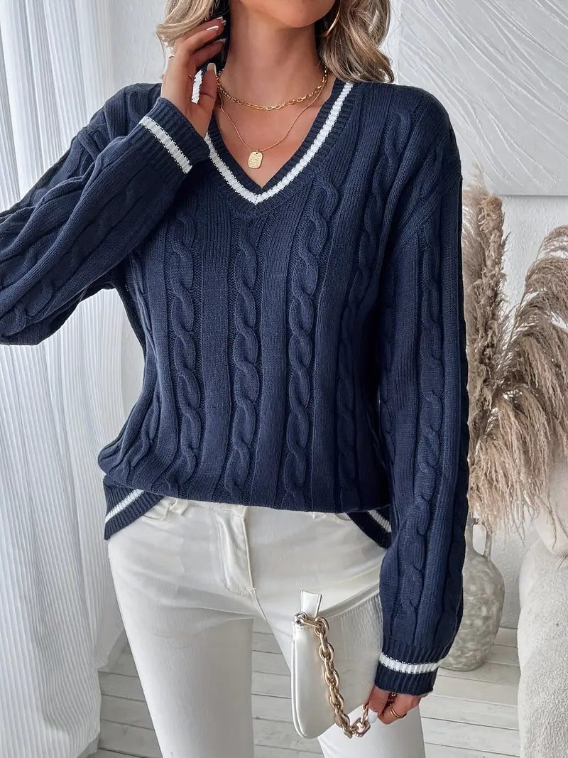 Deirdre – Women's Cable-Stitch V-Neck Pullover Sweater