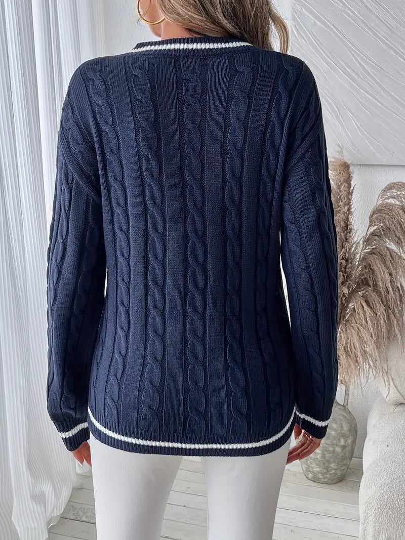 Deirdre – Women's Cable-Stitch V-Neck Pullover Sweater