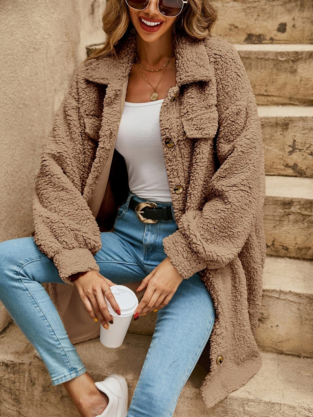 Delores – Women's Teddy Button-Front Long Shirt Jacket