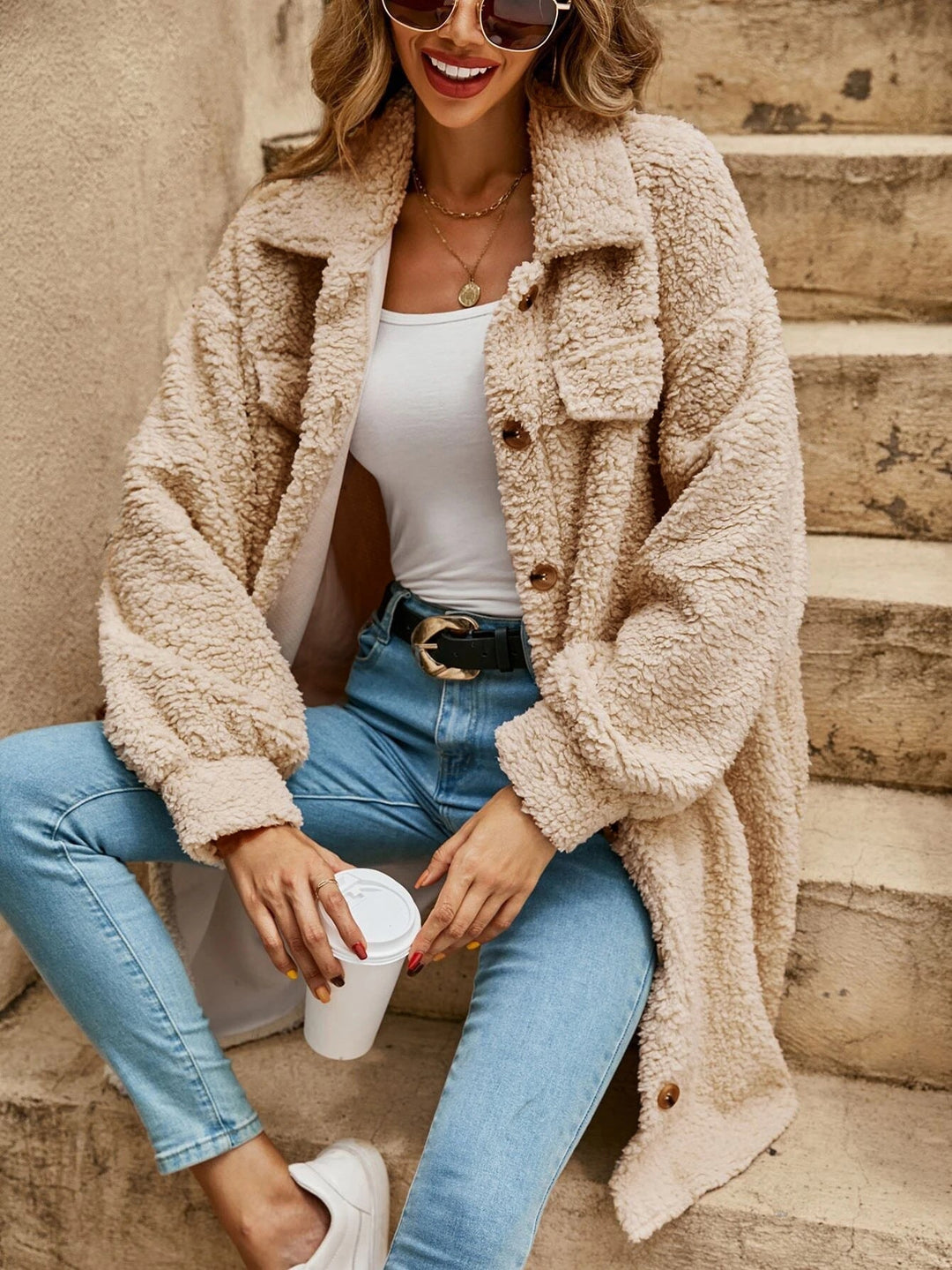 Delores – Women's Teddy Button-Front Long Shirt Jacket