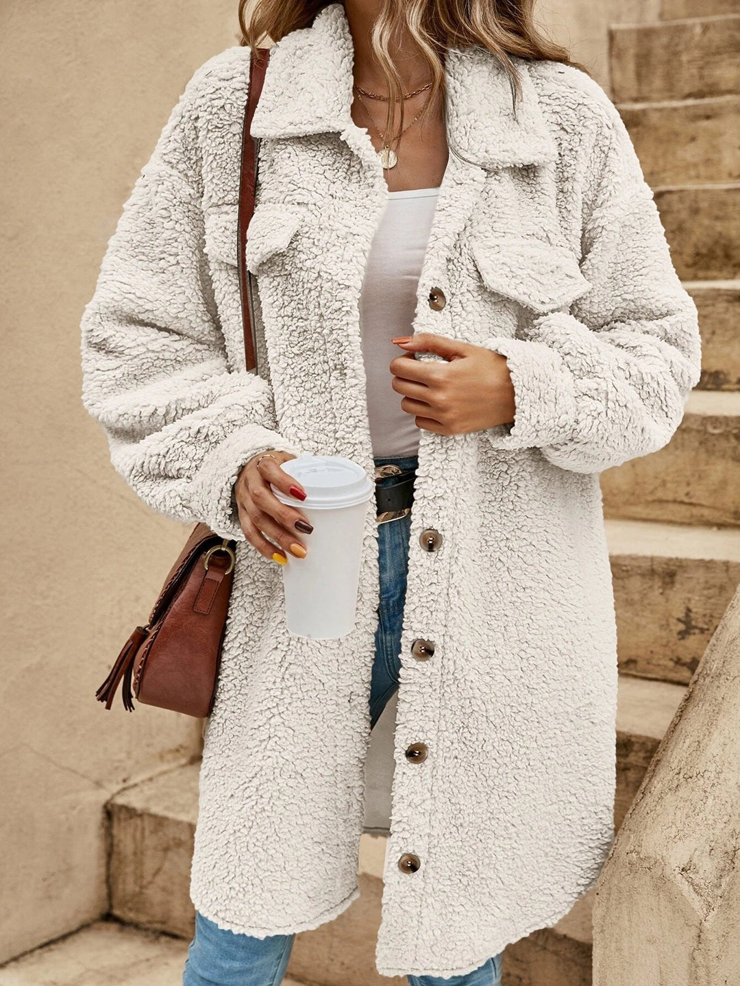 Delores – Women's Teddy Button-Front Long Shirt Jacket