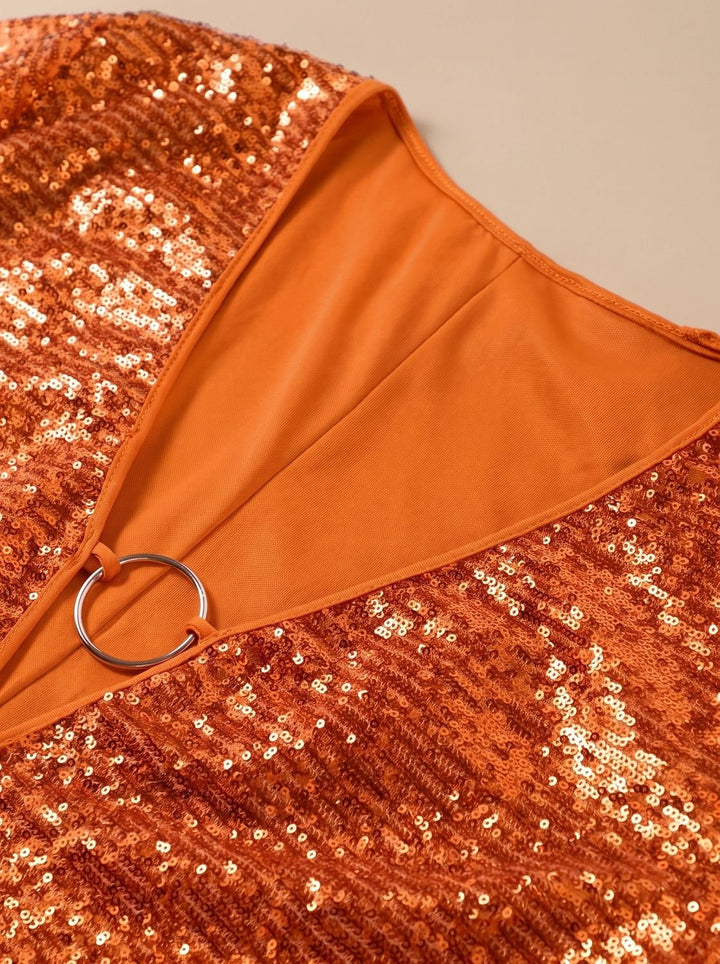 Delphina – Women's Sequin Plunge Neck Flared Sleeve Mini Dress