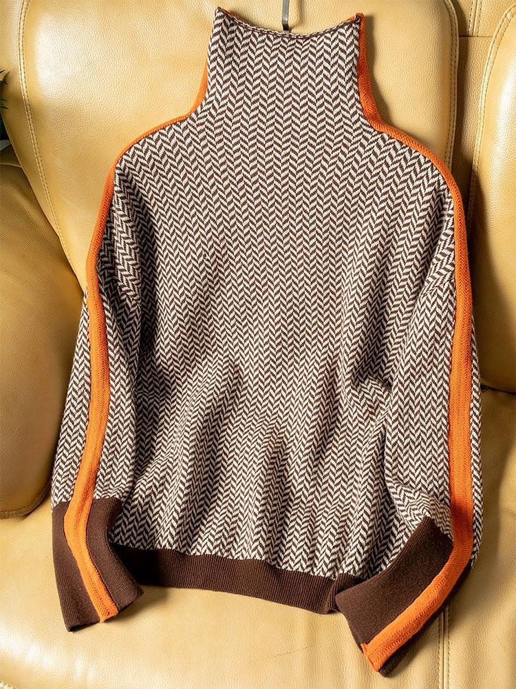 Jeanette – Herringbone Turtleneck Top with Contrast Stripe