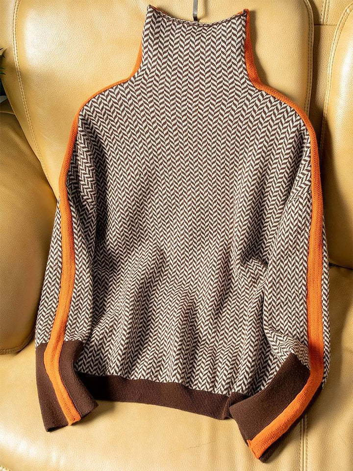 Jeanette – Herringbone Turtleneck Top with Contrast Stripe