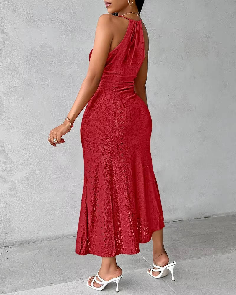 Ramona – Crochet Halter Midi Dress with High Slit