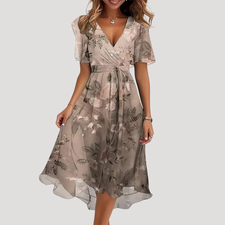 Jolene – Floral Wrap Midi Dress with Flutter Sleeves