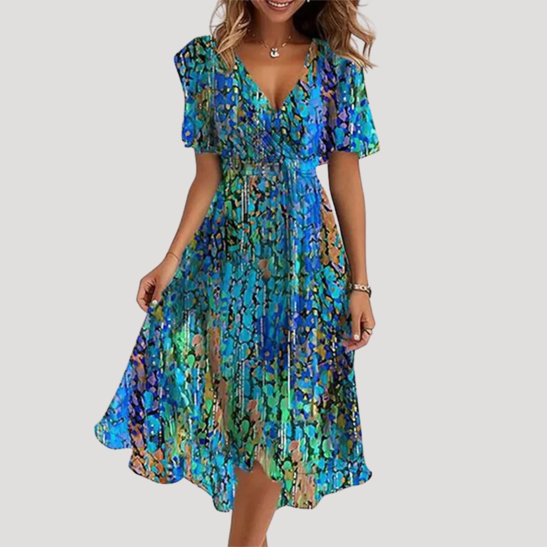 Jolene – Floral Wrap Midi Dress with Flutter Sleeves