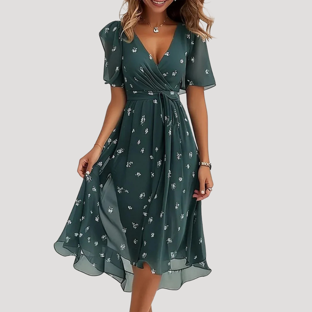 Jolene – Floral Wrap Midi Dress with Flutter Sleeves