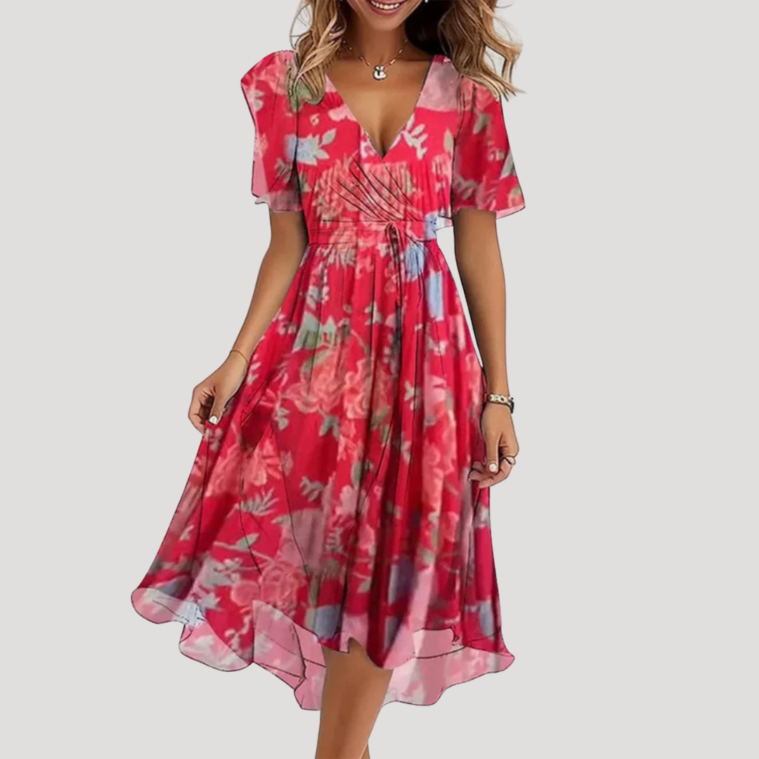 Jolene – Floral Wrap Midi Dress with Flutter Sleeves