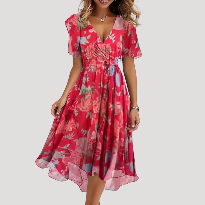 Jolene – Floral Wrap Midi Dress with Flutter Sleeves
