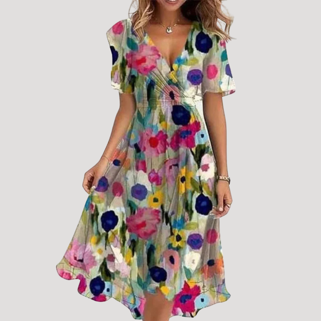 Jolene – Floral Wrap Midi Dress with Flutter Sleeves
