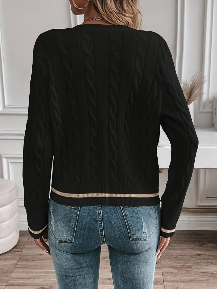 Annabeth – Cable-Stitch Button-Front Cardigan with Contrast Trim for Women