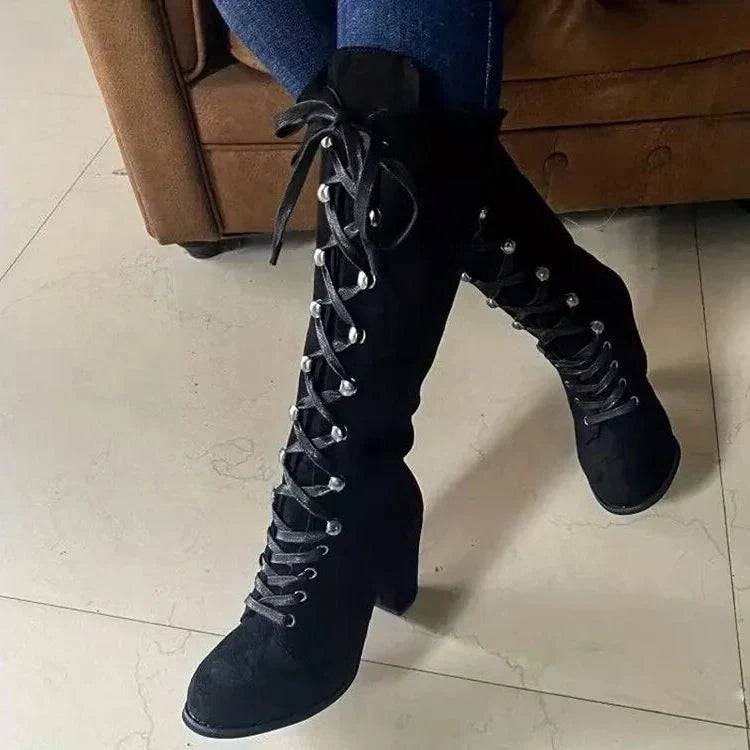 Eda – Women's Tie-Up Suede-Look Knee-High Boots