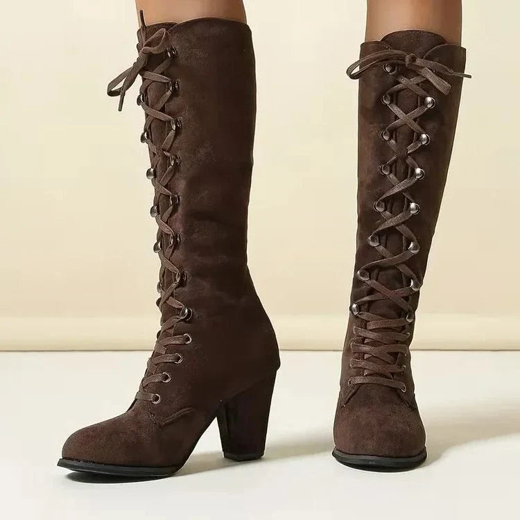 Eda – Women's Tie-Up Suede-Look Knee-High Boots