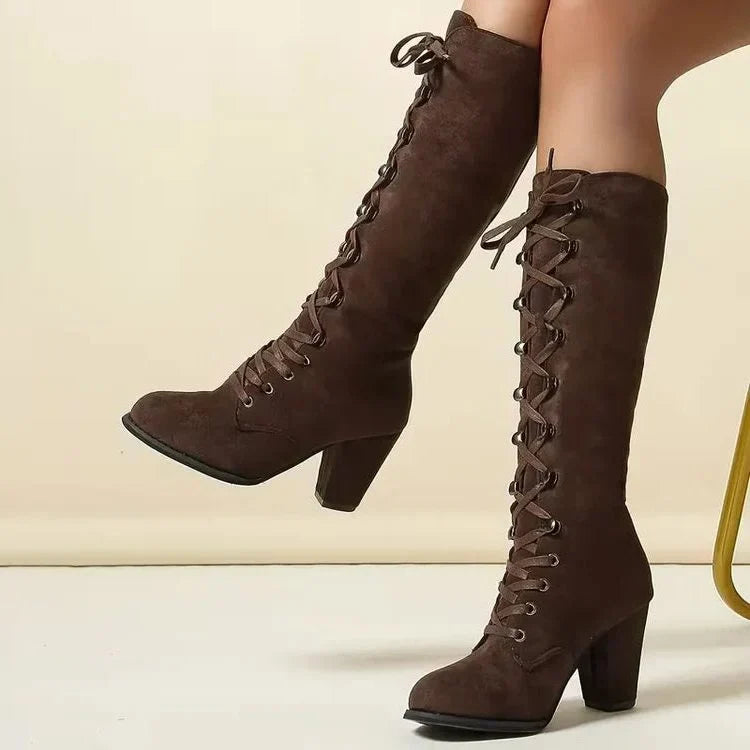 Eda – Women's Tie-Up Suede-Look Knee-High Boots