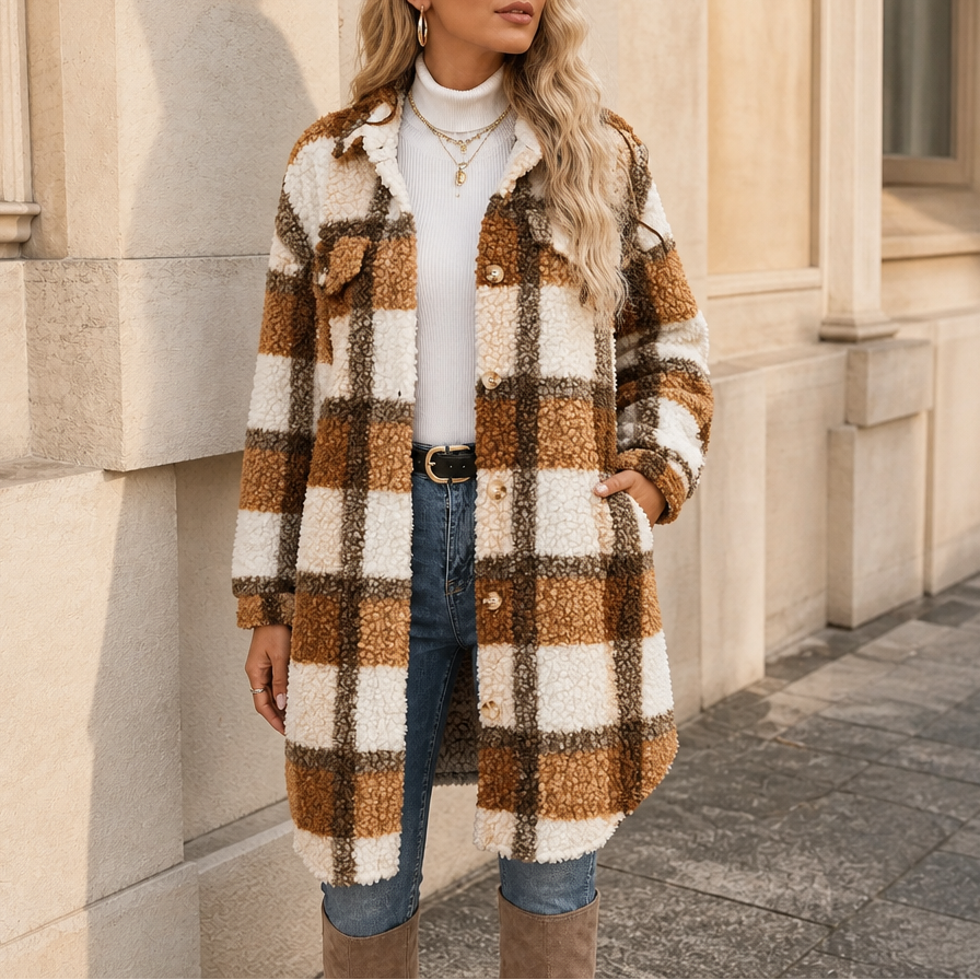 Edie – Women's Plaid Sherpa Mid-Length Shacket