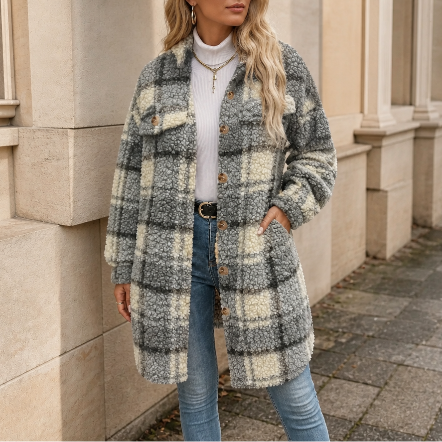 Edie – Women's Plaid Sherpa Mid-Length Shacket