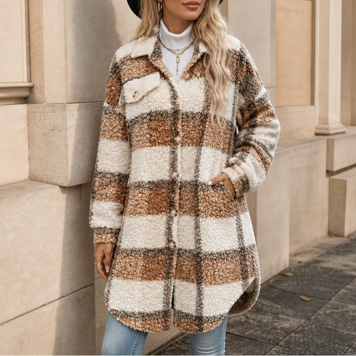 Edie – Women's Plaid Sherpa Mid-Length Shacket