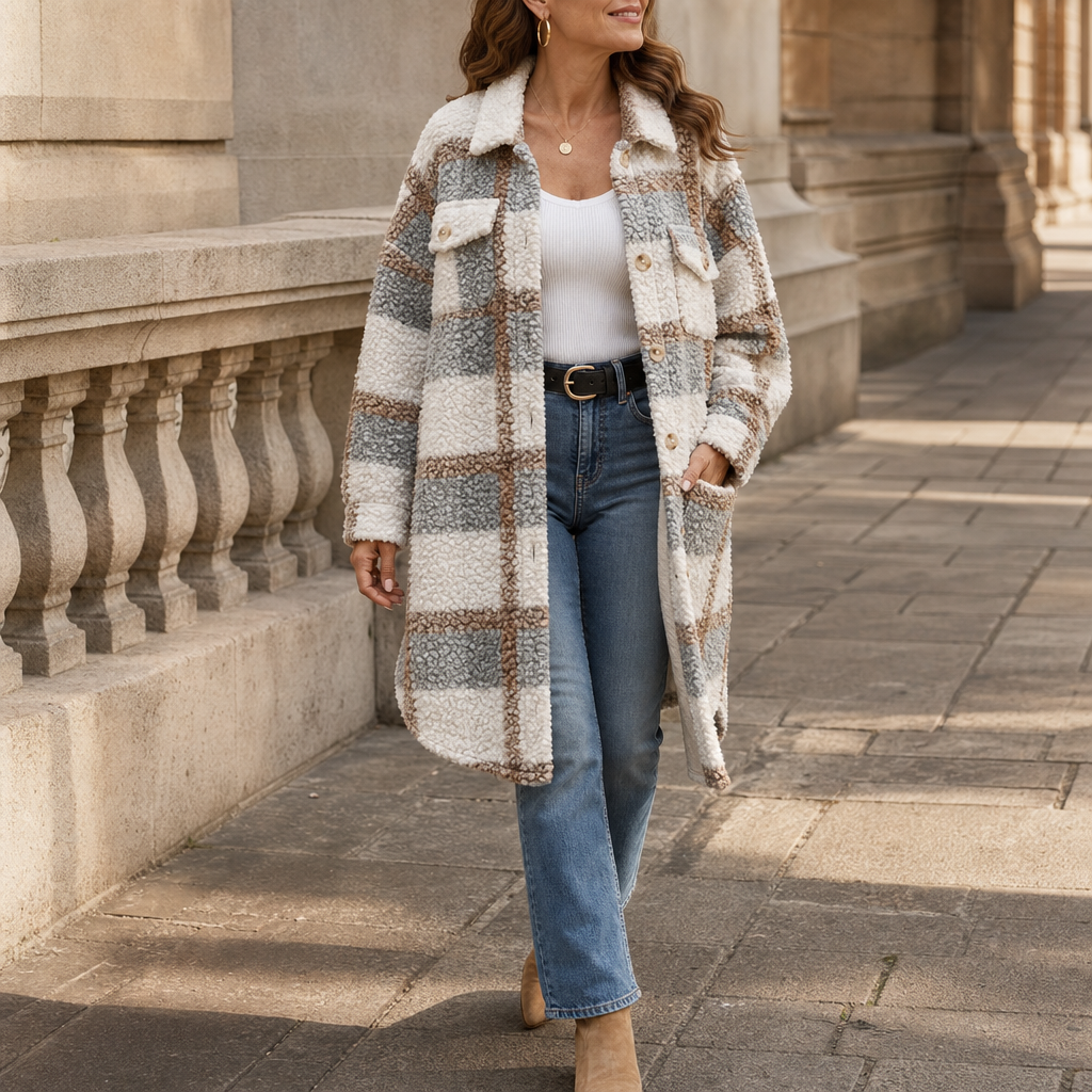 Edie – Women's Plaid Sherpa Mid-Length Shacket
