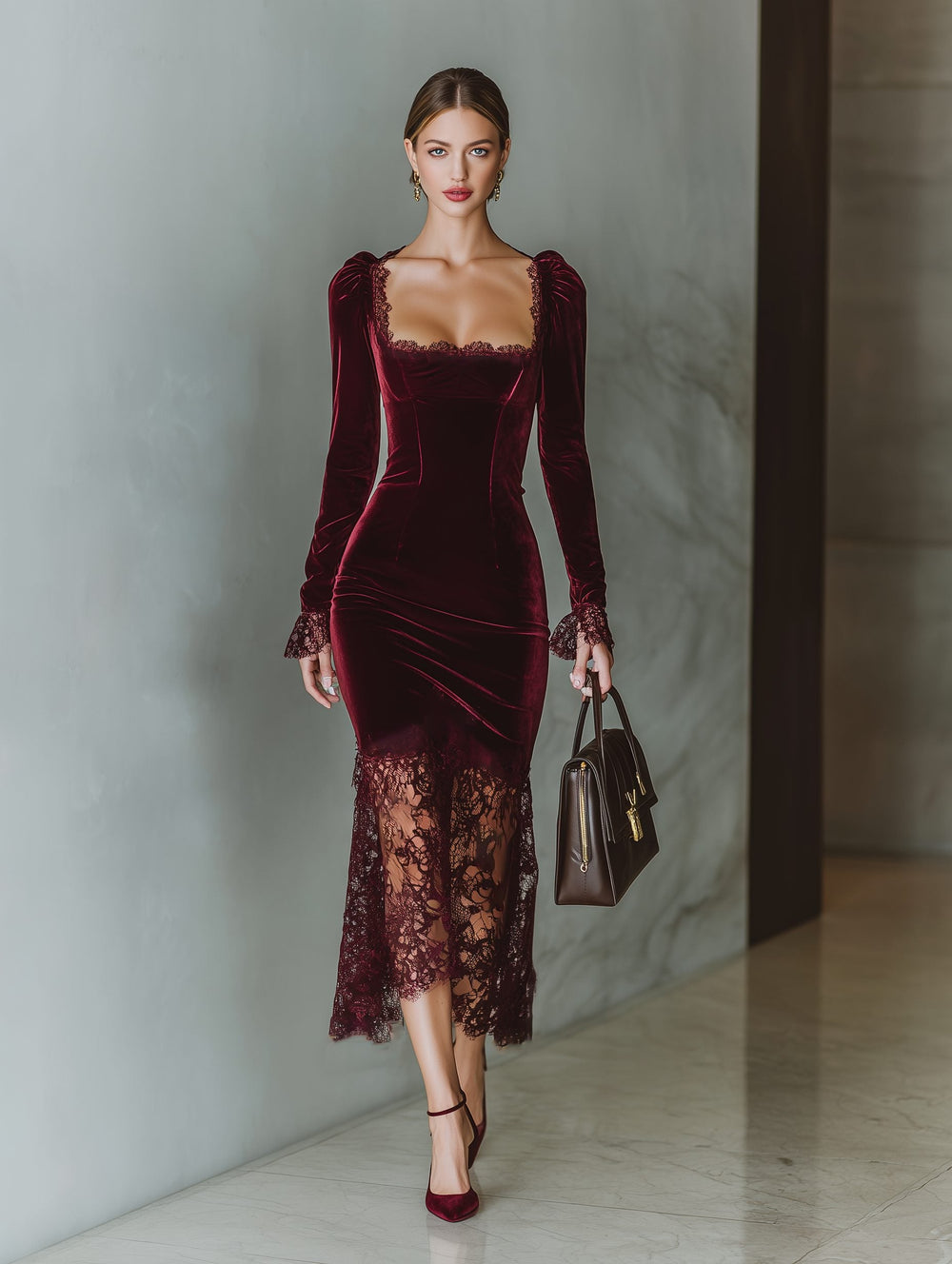 Eleni – Women's Velvet-Look Square Neck Midi Dress with Lace-Look Hem