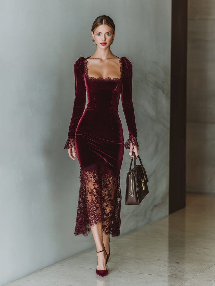 Eleni – Women's Velvet-Look Square Neck Midi Dress with Lace-Look Hem