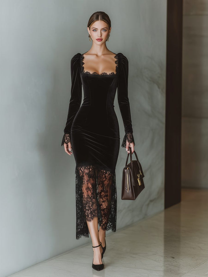 Eleni – Women's Velvet-Look Square Neck Midi Dress with Lace-Look Hem