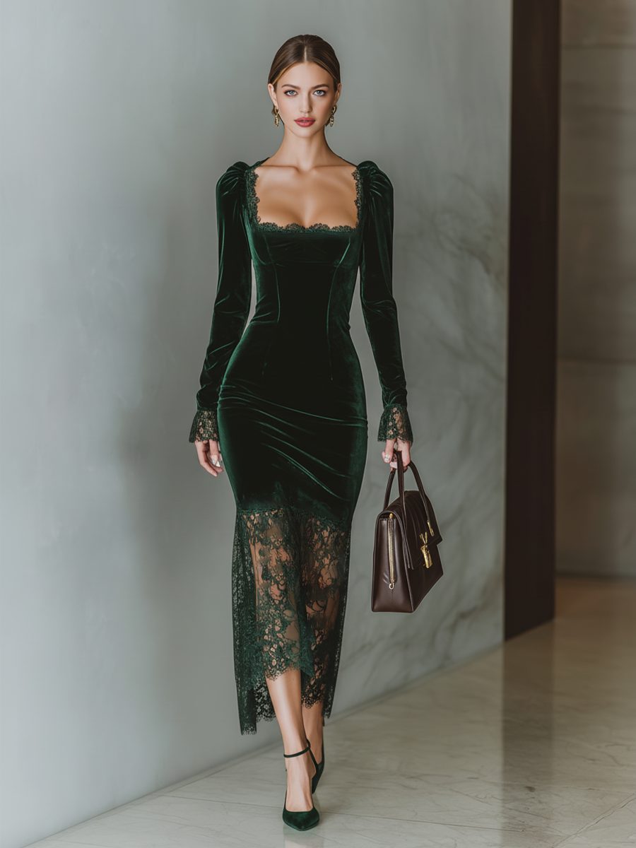Eleni – Women's Velvet-Look Square Neck Midi Dress with Lace-Look Hem