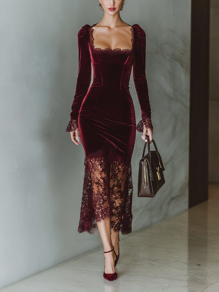 Eleni – Women's Velvet-Look Square Neck Midi Dress with Lace-Look Hem
