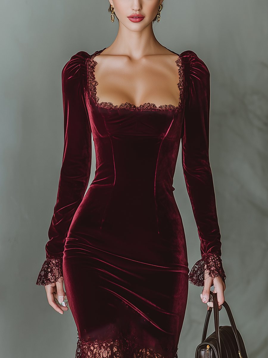 Eleni – Women's Velvet-Look Square Neck Midi Dress with Lace-Look Hem