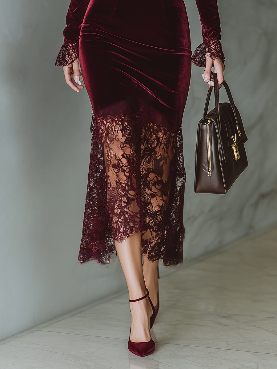 Eleni – Women's Velvet-Look Square Neck Midi Dress with Lace-Look Hem