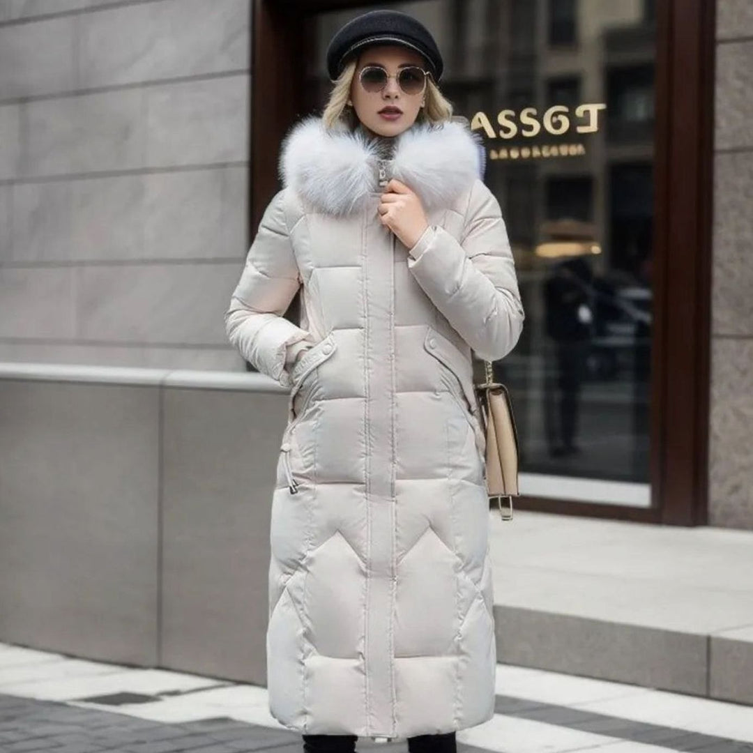 Eliza | Women's Long Hooded Faux Fur Trim Quilted Coat