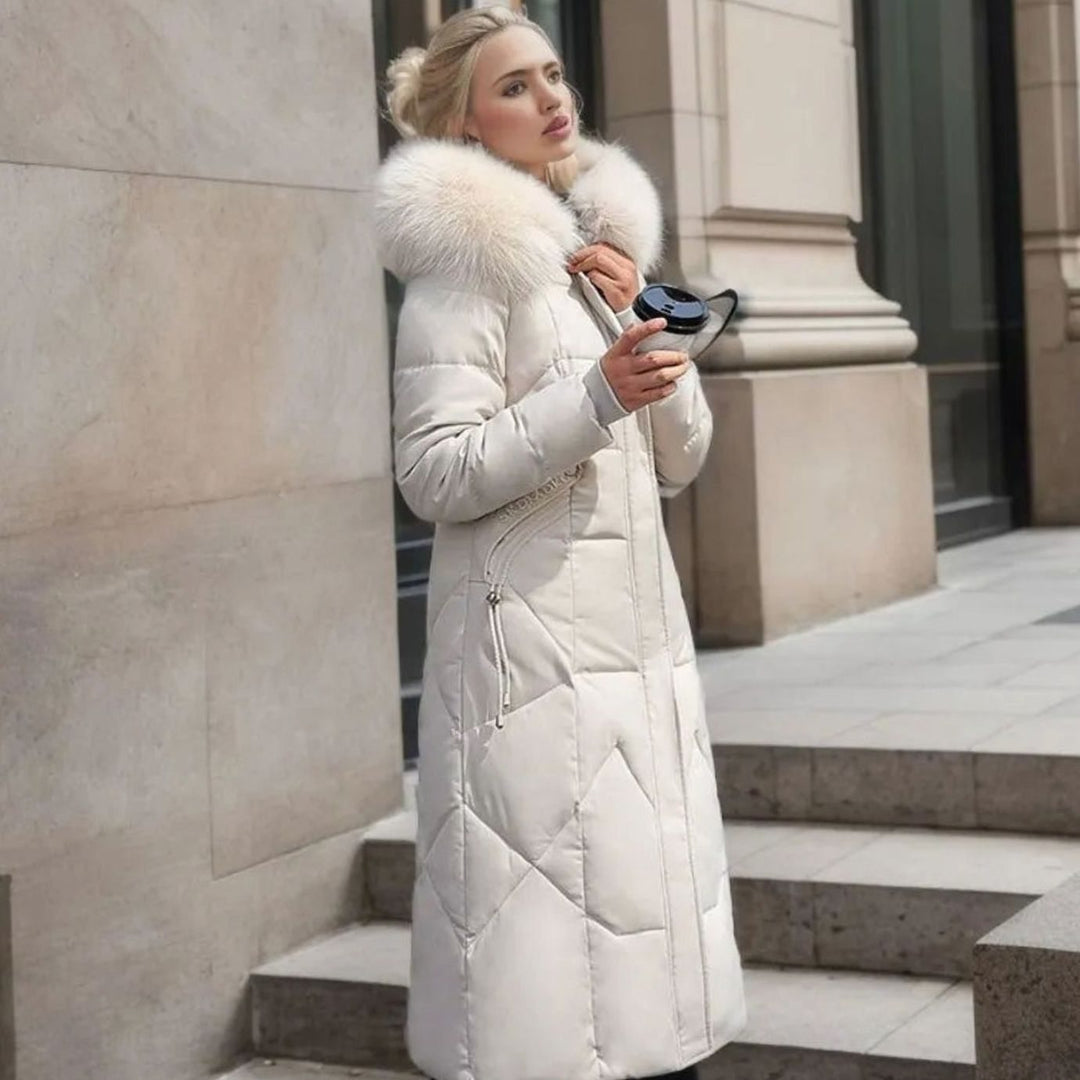Eliza | Women's Long Hooded Faux Fur Trim Quilted Coat