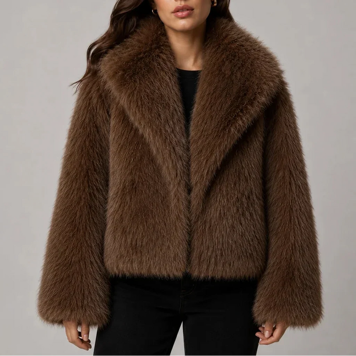 Emmelina – Women's Cropped Faux Fur-Look Jacket with Oversized Collar
