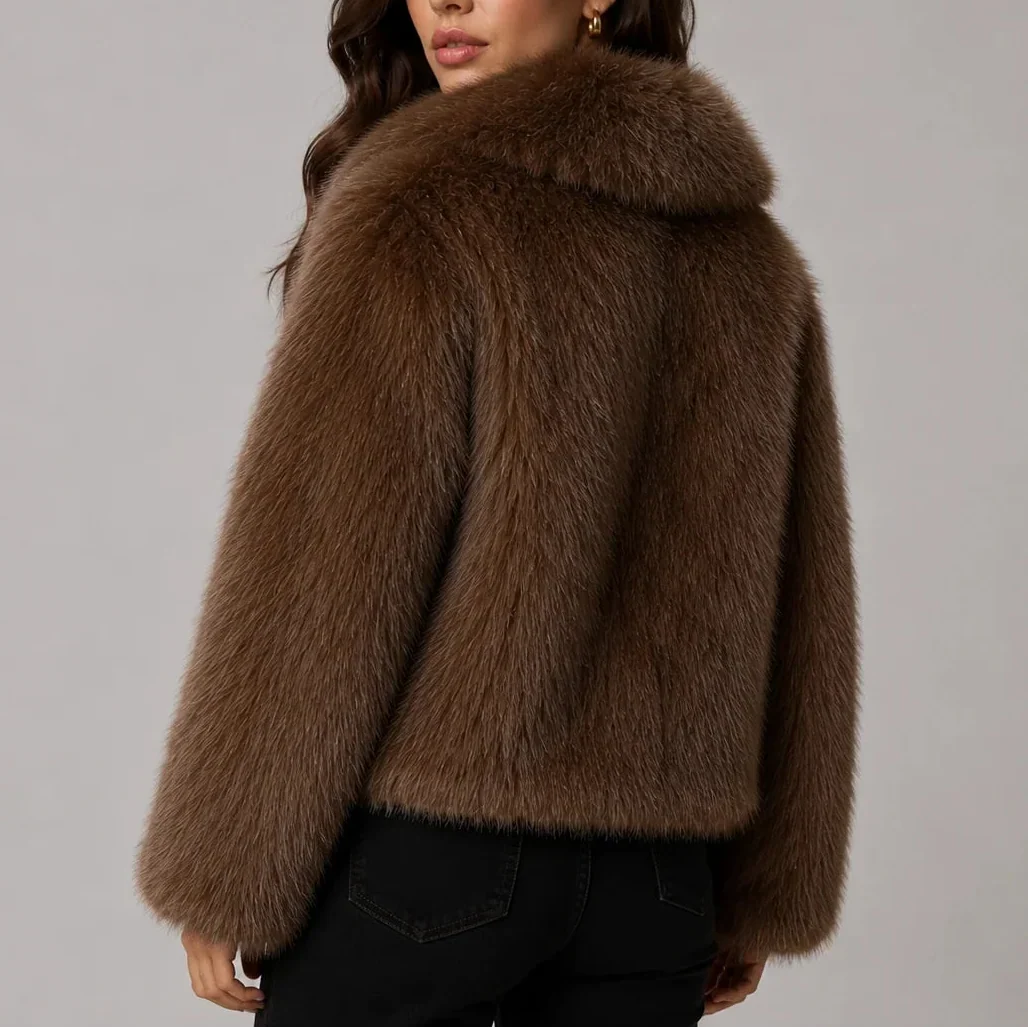 Emmelina – Women's Cropped Faux Fur-Look Jacket with Oversized Collar