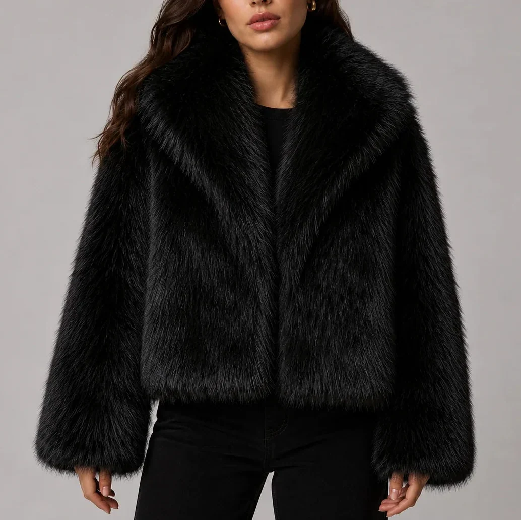 Emmelina – Women's Cropped Faux Fur-Look Jacket with Oversized Collar