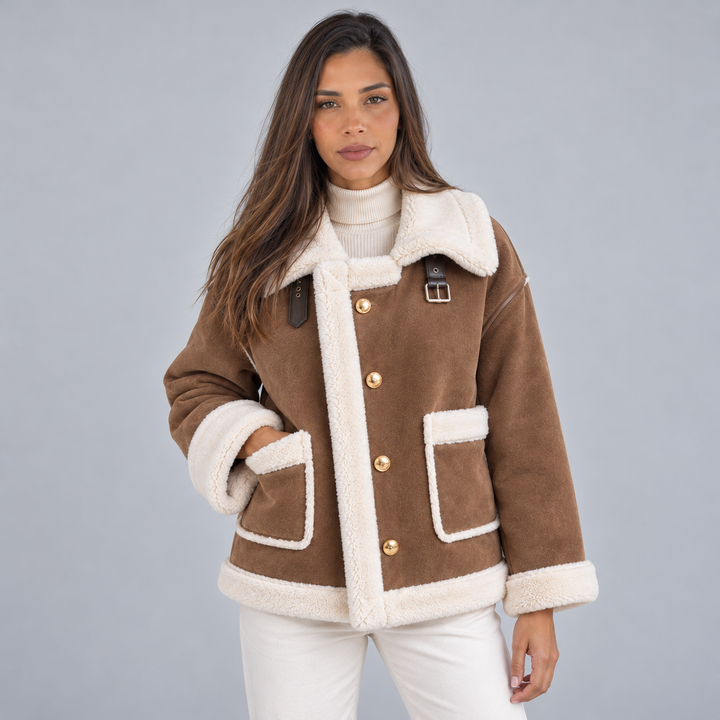 Emmy – Women's Suede-Look Aviator Jacket with Sherpa Trim