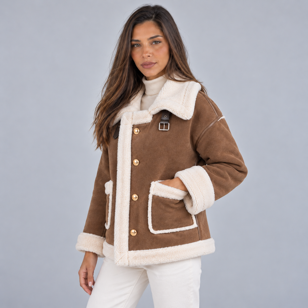 Emmy – Women's Suede-Look Aviator Jacket with Sherpa Trim