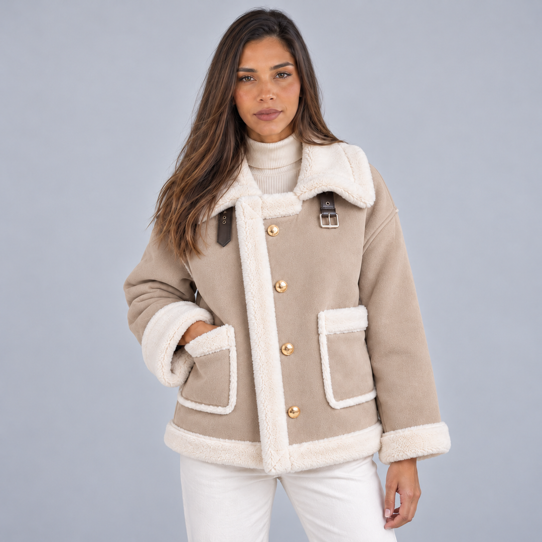Emmy – Women's Suede-Look Aviator Jacket with Sherpa Trim