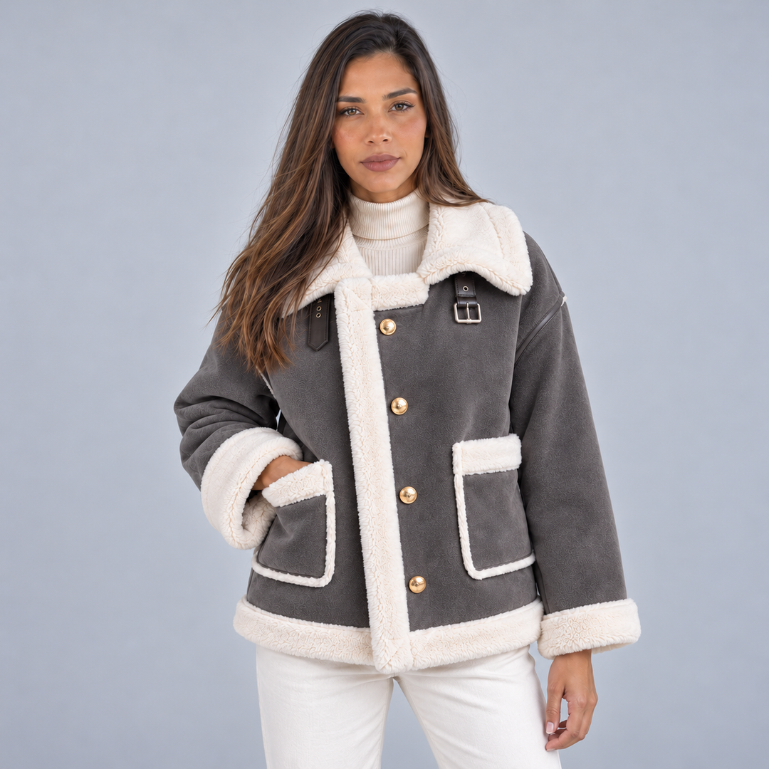 Emmy – Women's Suede-Look Aviator Jacket with Sherpa Trim